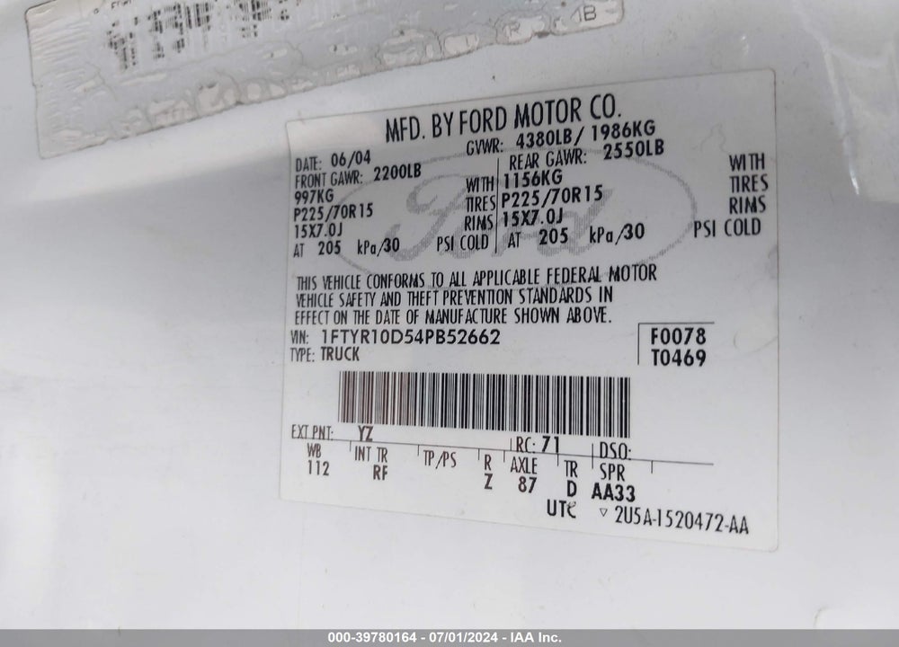 2004 FORD RANGER XL/XLT VIN: 1FTYR10D54PB52662