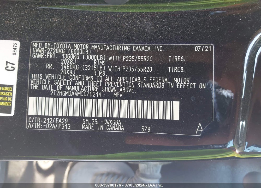 2021 LEXUS RX 450H VIN: 2T2HGMDA4MC070214