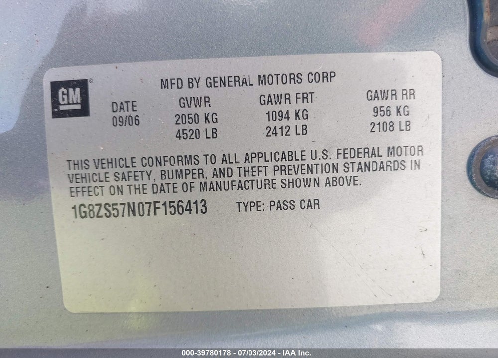 2007 SATURN AURA XE VIN: 1G8ZS57N07F156413