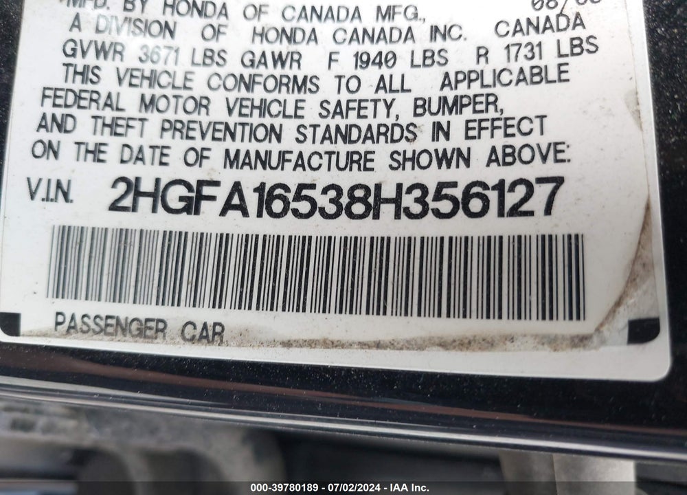2008 HONDA CIVIC LX VIN: 2HGFA16538H356127