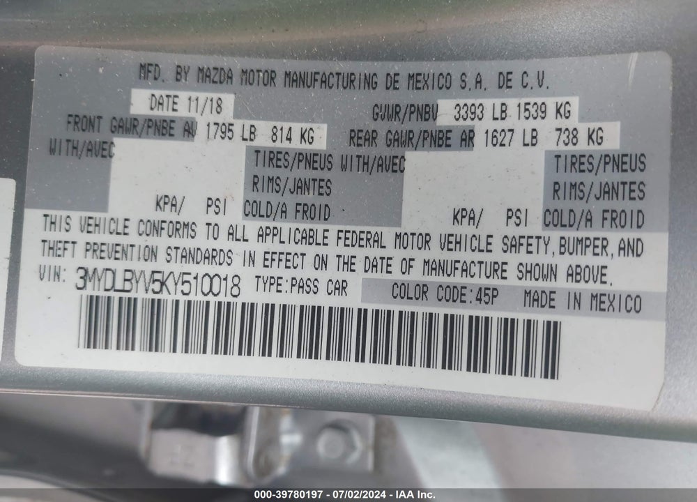 2019 TOYOTA YARIS L VIN: 3MYDLBYV5KY510018