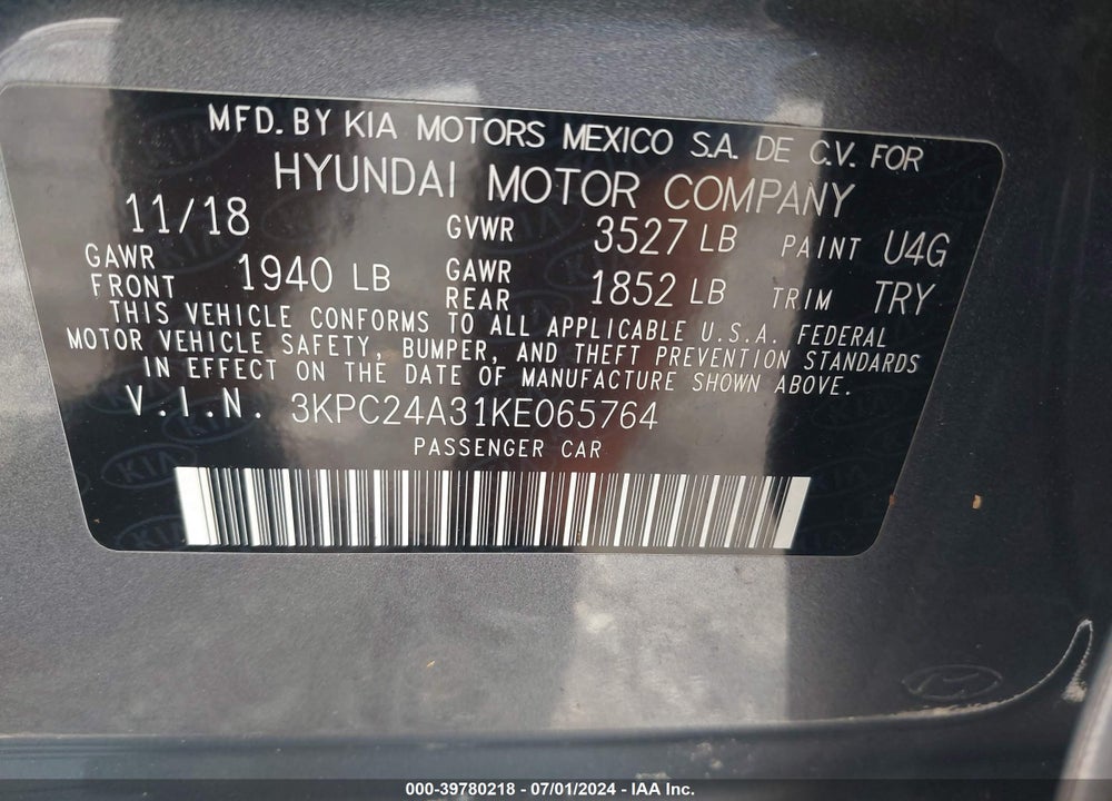 2019 HYUNDAI ACCENT SE VIN: 3KPC24A31KE065764