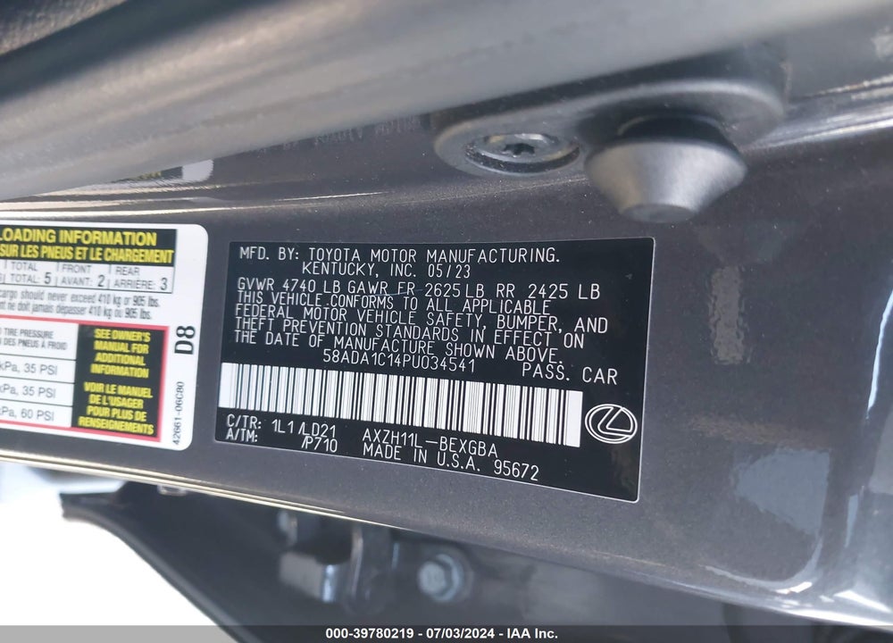 2023 LEXUS ES 300H VIN: 58ADA1C14PU034541
