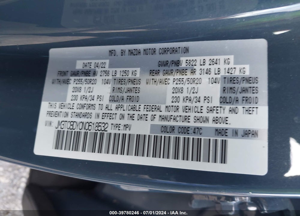 2022 MAZDA CX-9 CARBON EDITION VIN: JM3TCBDY0N0618532