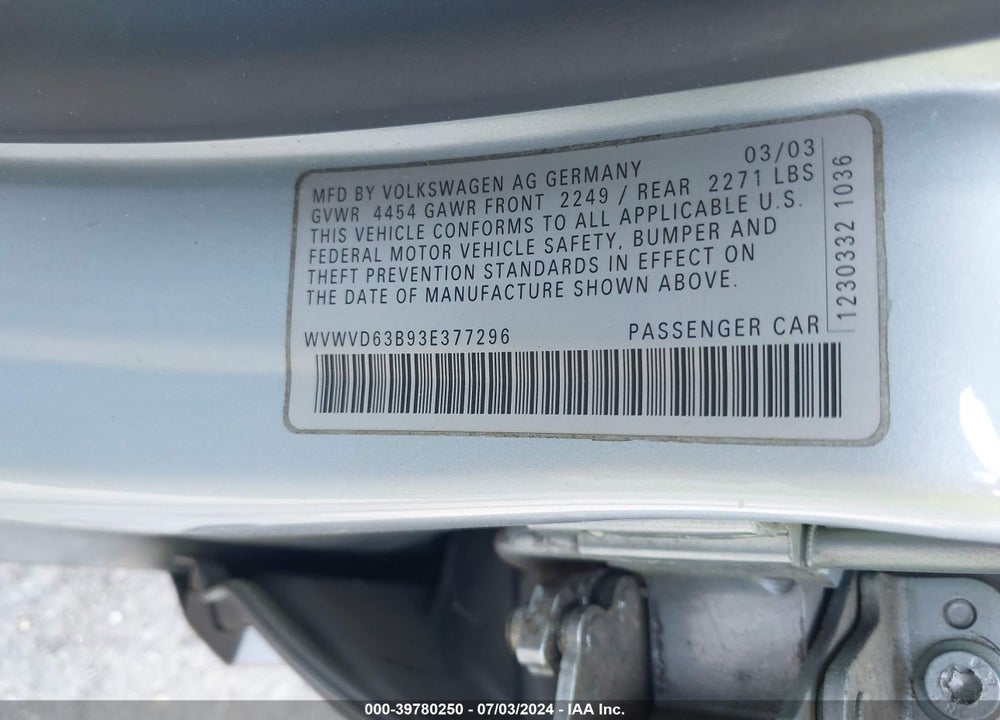 2003 VOLKSWAGEN PASSAT GLS VIN: WVWVD63B93E377296