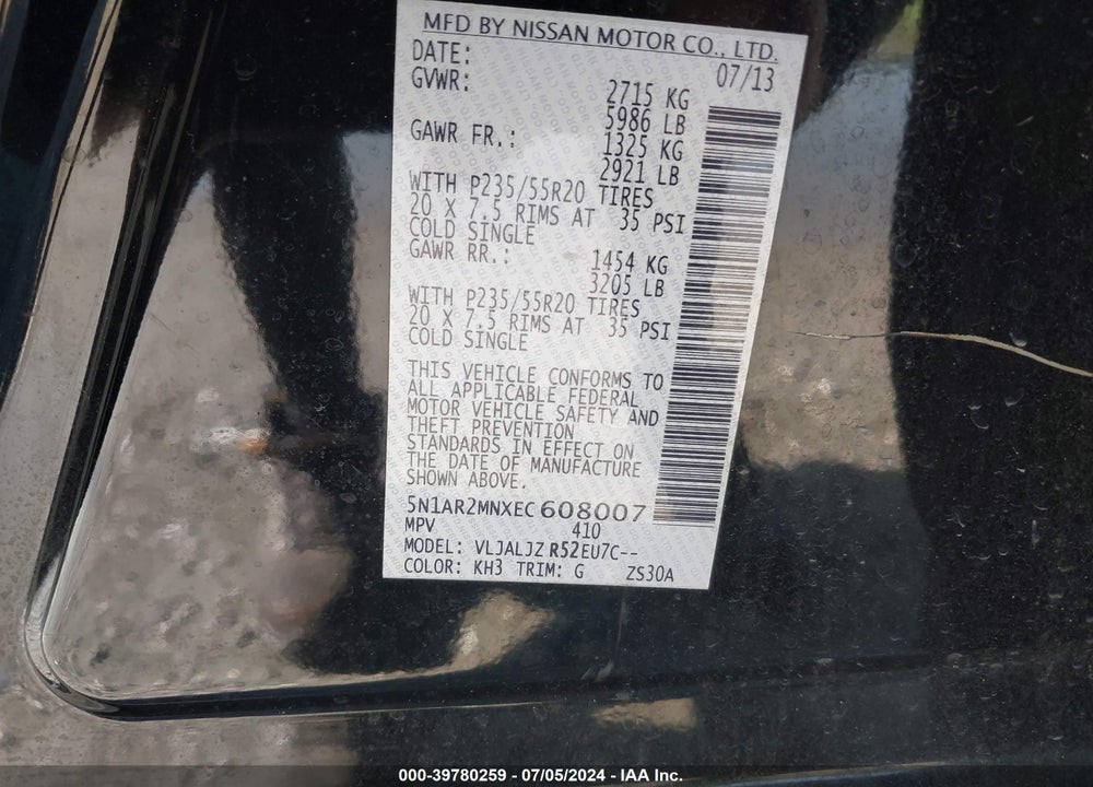 2014 NISSAN PATHFINDER PLATINUM VIN: 5N1AR2MNXEC608007