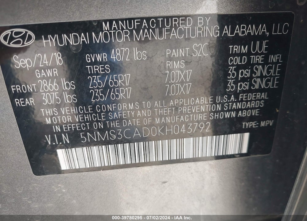 2019 HYUNDAI SANTA FE SEL VIN: 5NMS3CAD0KH043792