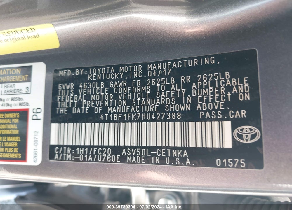 2017 TOYOTA CAMRY LE VIN: 4T1BF1FK7HU427388