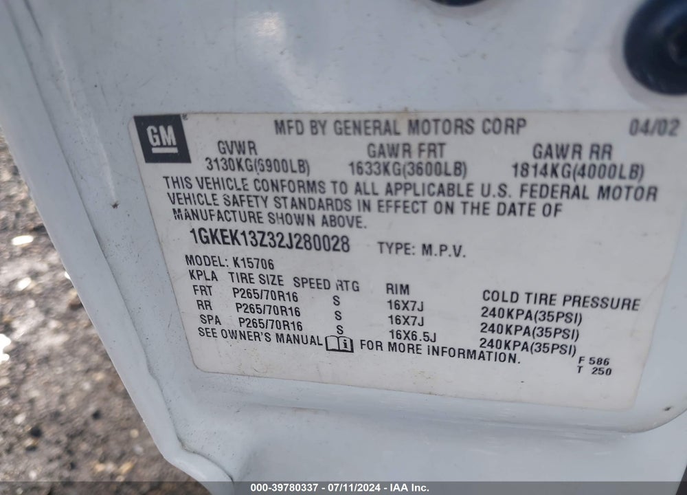 2002 GMC YUKON SLT VIN: 1GKEK13Z32J280028