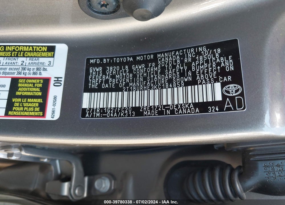 2019 TOYOTA COROLLA SE VIN: 2T1BURHE3KC184859