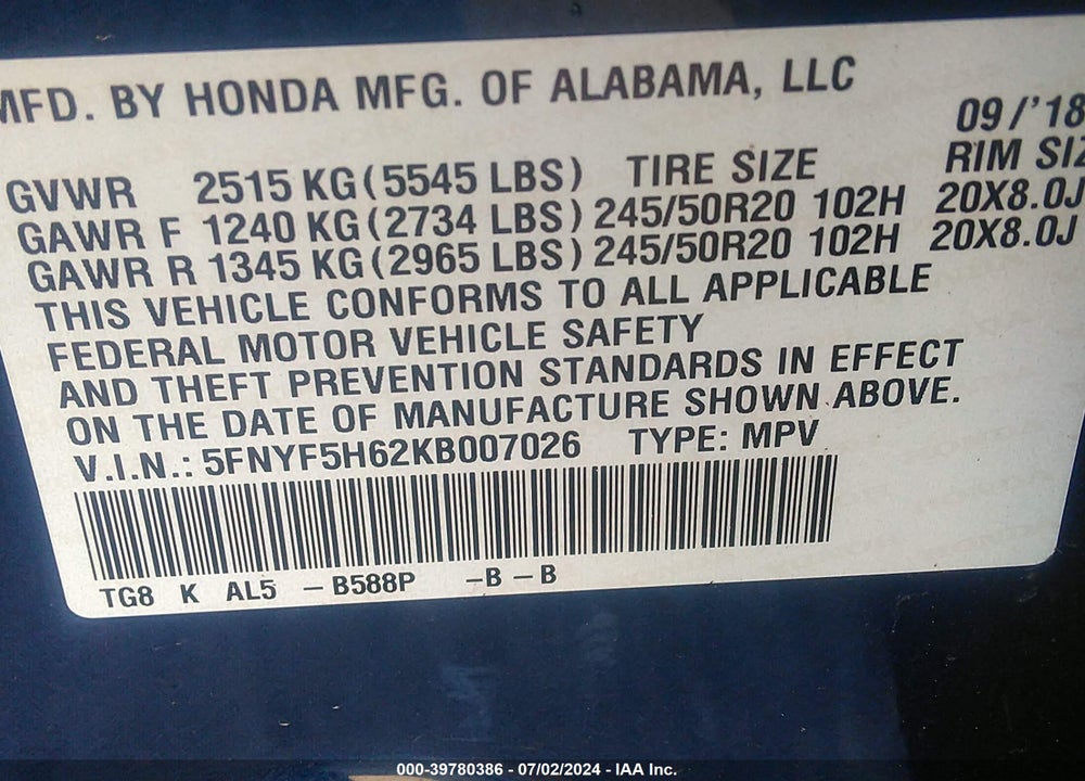 2019 HONDA PILOT TOURING VIN: 5FNYF5H62KB007026