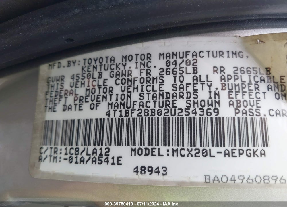 2002 TOYOTA AVALON XLS VIN: 4T1BF28B02U254369