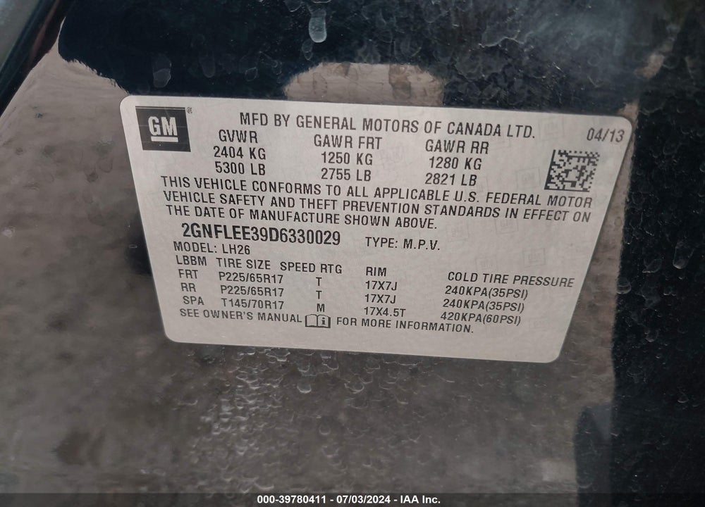 2013 CHEVROLET EQUINOX 1LT VIN: 2GNFLEE39D6330029