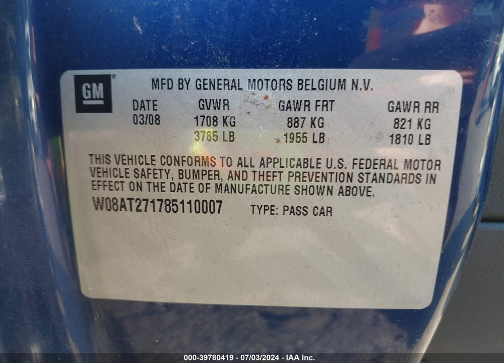 2008 SATURN ASTRA XR VIN: W08AT271785110007