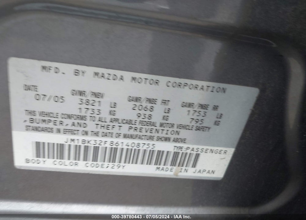 2006 MAZDA 3 I VIN: JM1BK32F861408755