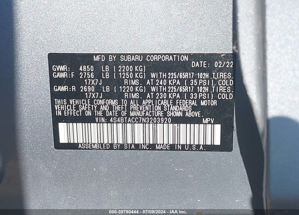 2022 SUBARU OUTBACK PREMIUM VIN: 4S4BTACC7N3203920