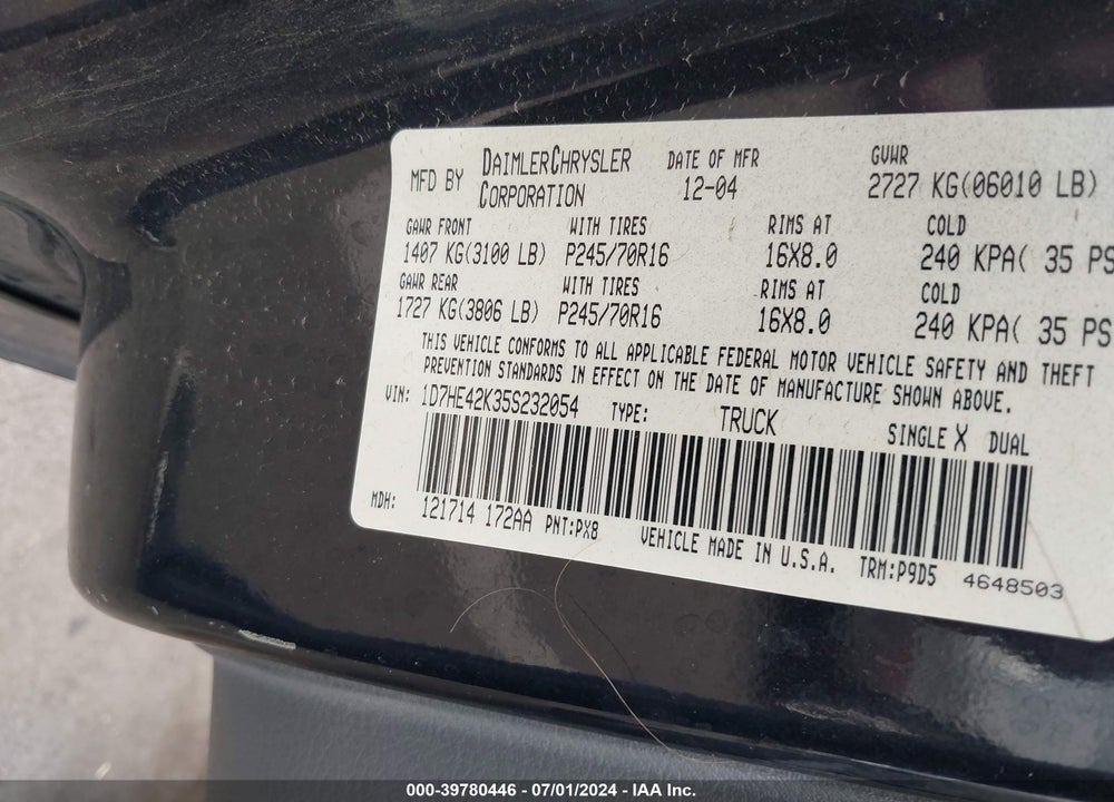 2005 DODGE DAKOTA SLT VIN: 1D7HE42K35S232054