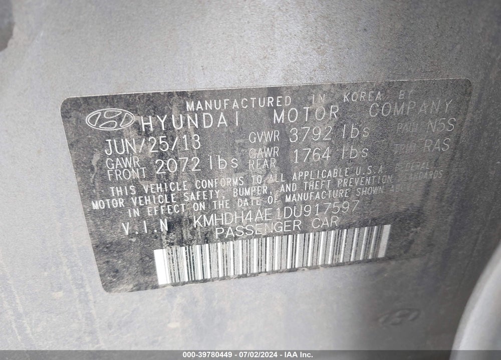 2013 HYUNDAI ELANTRA GLS VIN: KMHDH4AE1DU917597