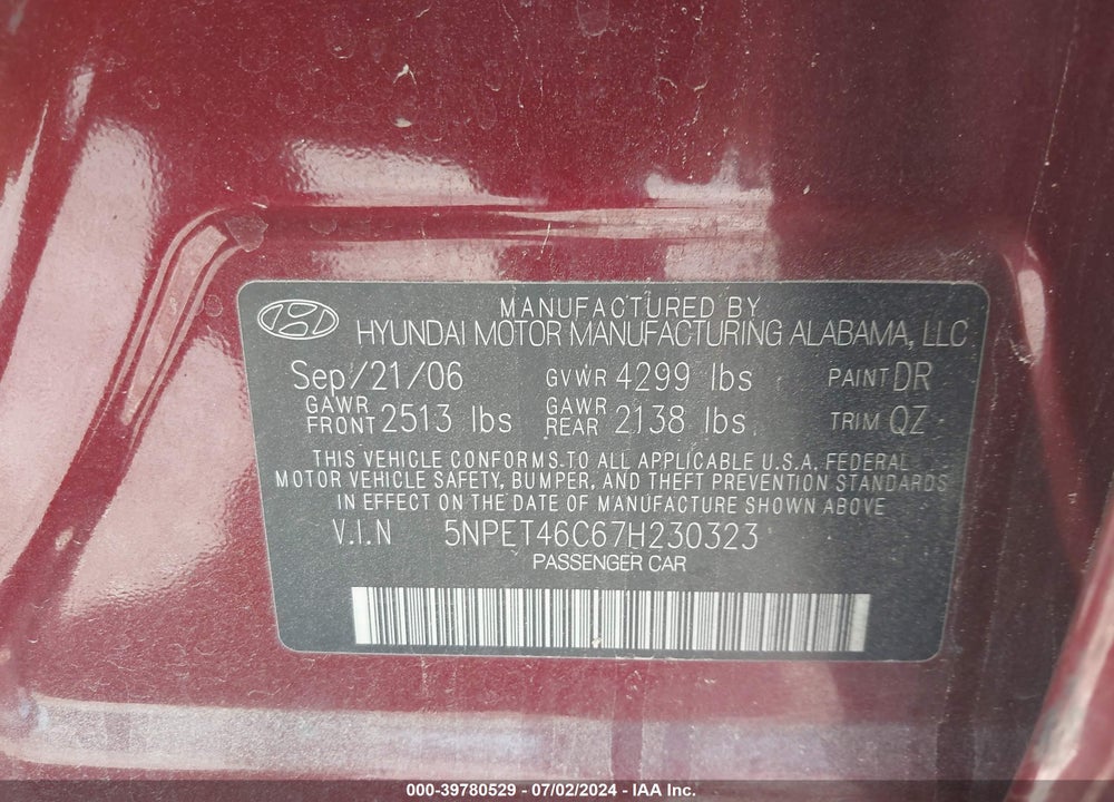 2007 HYUNDAI SONATA GLS VIN: 5NPET46C67H230323