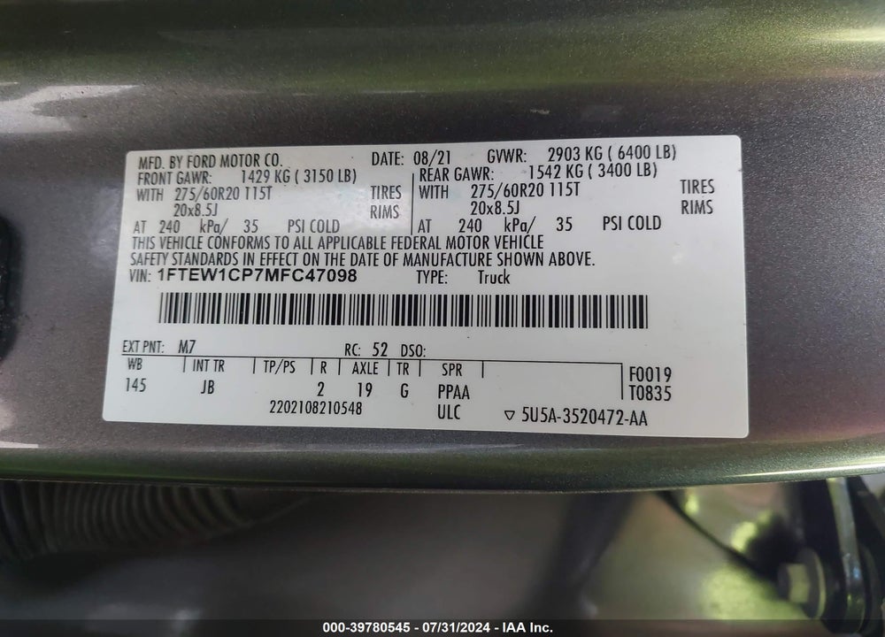 2021 FORD F-150 XL VIN: 1FTEW1CP7MFC47098