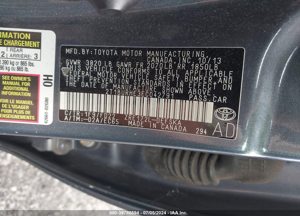2014 TOYOTA COROLLA VIN: 2T1BURHE3EC042791