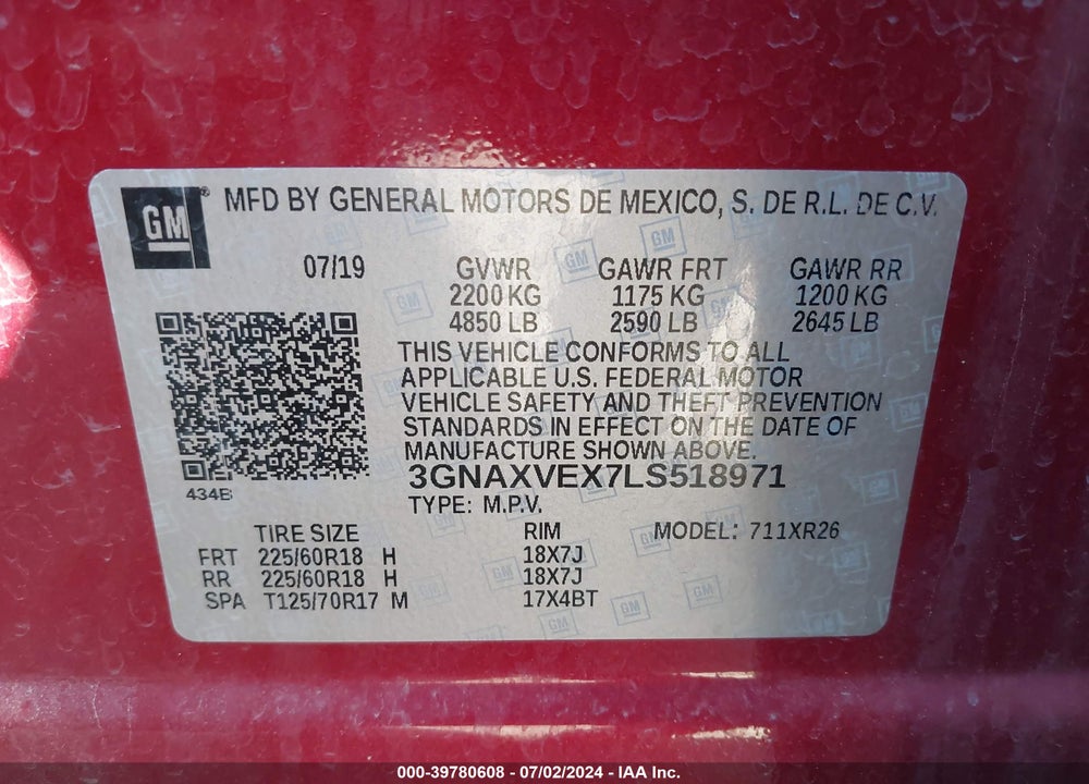 2020 CHEVROLET EQUINOX AWD LT 2.0L TURBO VIN: 3GNAXVEX7LS518971