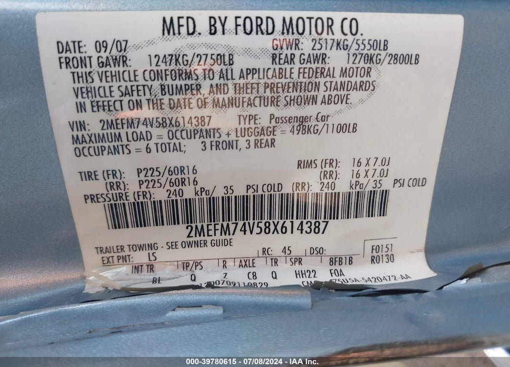 2008 MERCURY GRAND MARQUIS GS VIN: 2MEFM74V58X614387