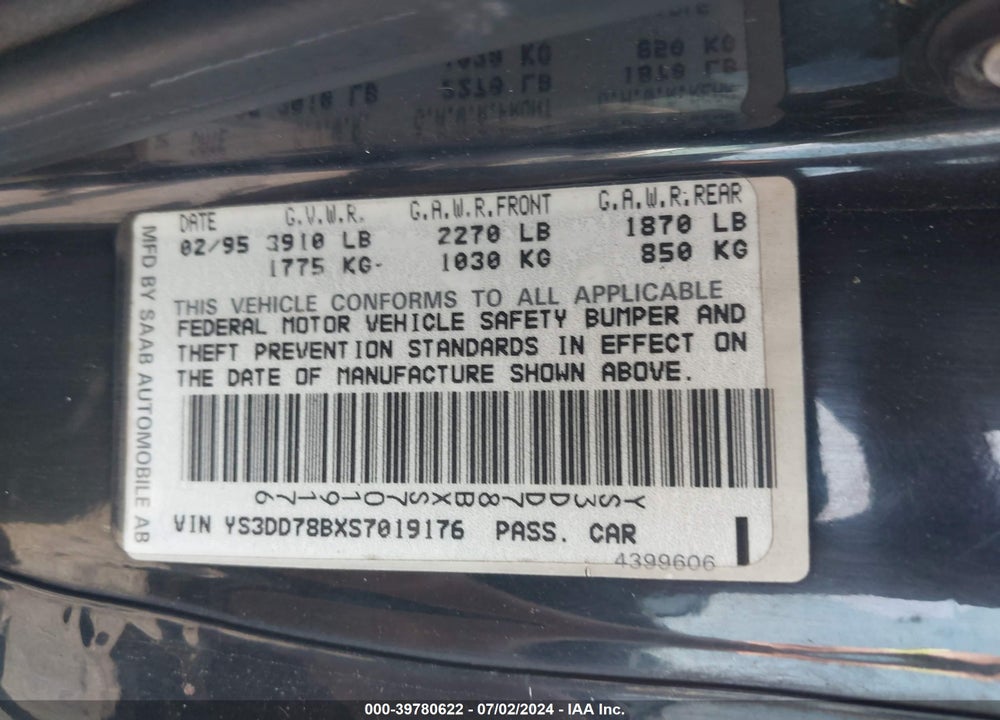 1995 SAAB 900 S VIN: YS3DD78BXS7019176