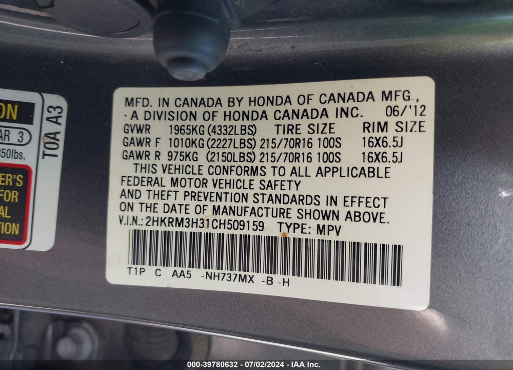 2012 HONDA CR-V LX VIN: 2HKRM3H31CH509159