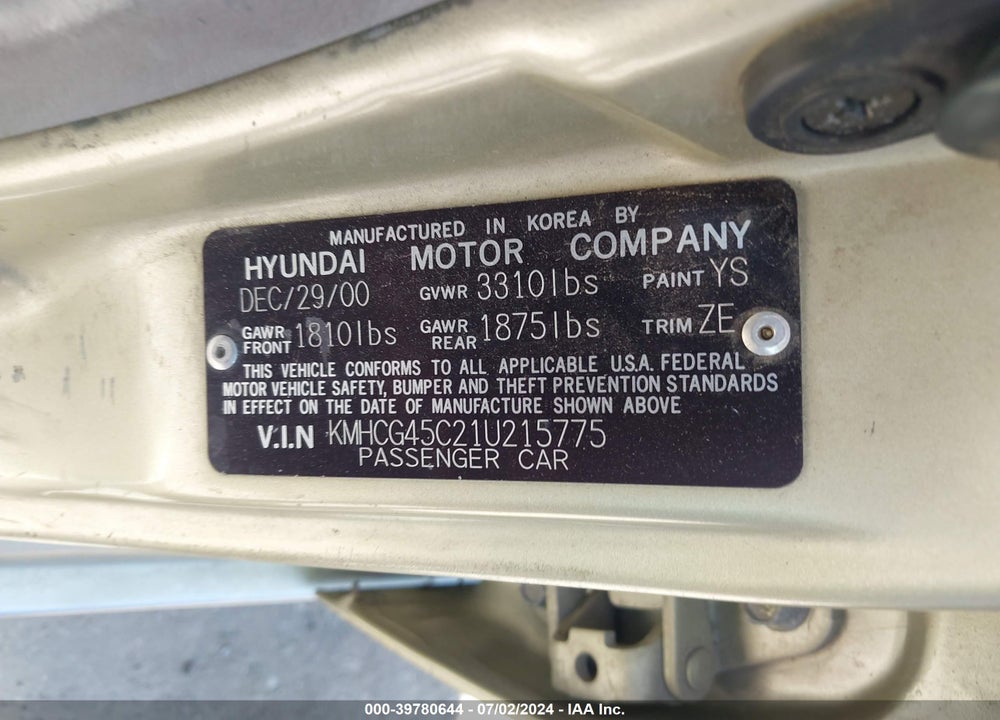 2001 HYUNDAI ACCENT GL VIN: KMHCG45C21U215775