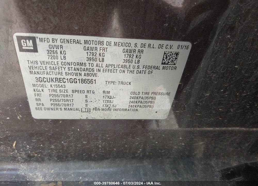 2016 CHEVROLET SILVERADO 1500 1LT VIN: 3GCUKREC1GG186561