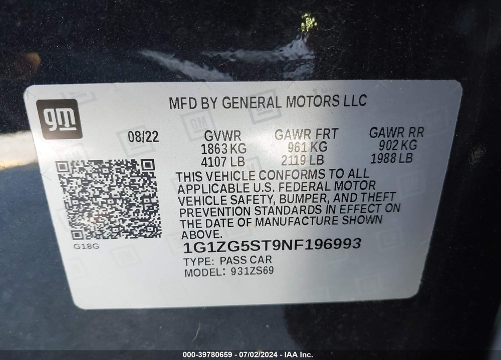 2022 CHEVROLET MALIBU FWD RS VIN: 1G1ZG5ST9NF196993