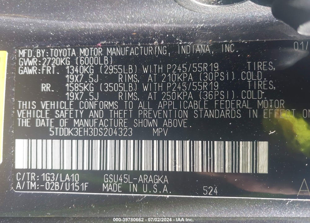 2013 TOYOTA HIGHLANDER LIMITED V6 VIN: 5TDDK3EH3DS204323