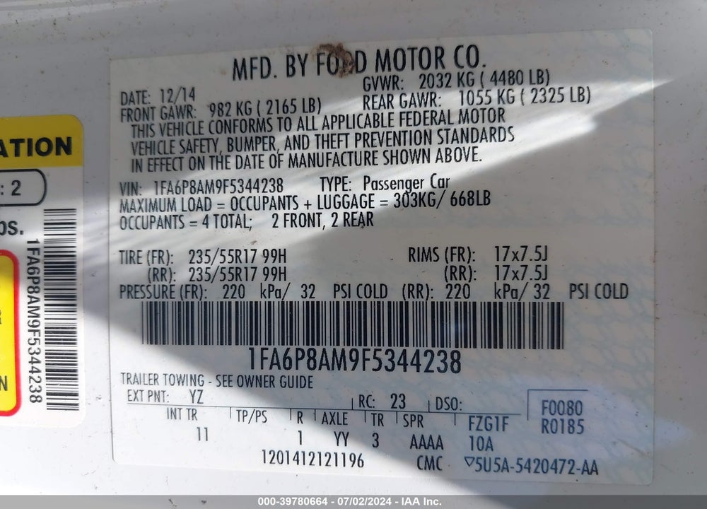 2015 FORD MUSTANG V6 VIN: 1FA6P8AM9F5344238