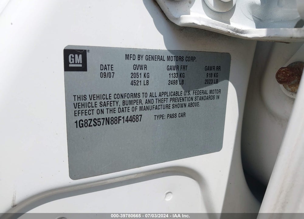 2008 SATURN AURA XE VIN: 1G8ZS57N88F144687