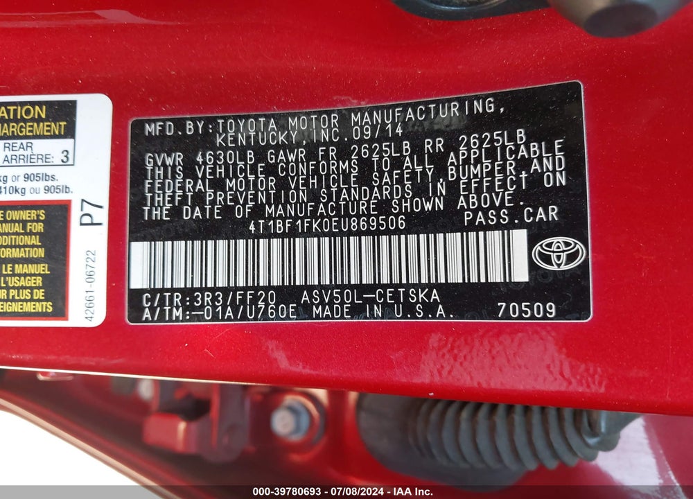 2014 TOYOTA CAMRY SE VIN: 4T1BF1FK0EU869506