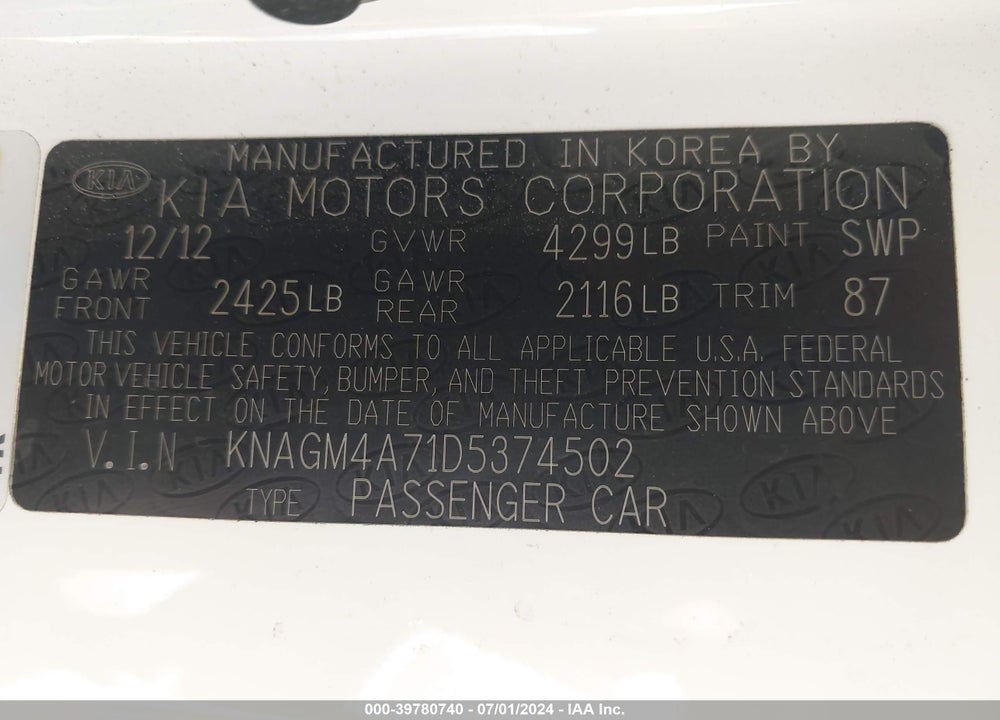 2013 KIA OPTIMA LX VIN: KNAGM4A71D5374502