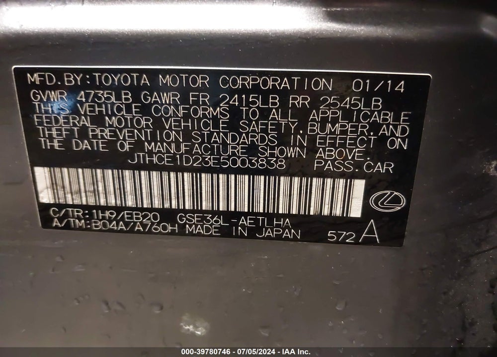 2014 LEXUS IS 350 VIN: JTHCE1D23E5003838