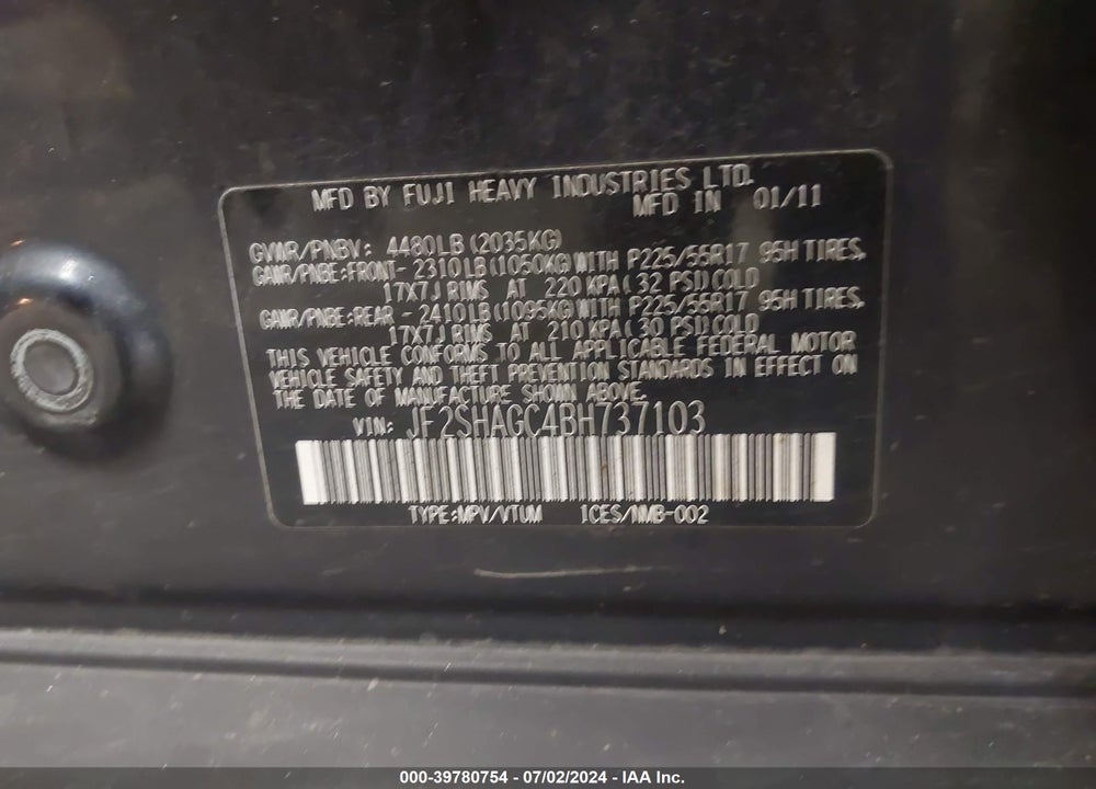 2011 SUBARU FORESTER 2.5X TOURING VIN: JF2SHAGC4BH737103