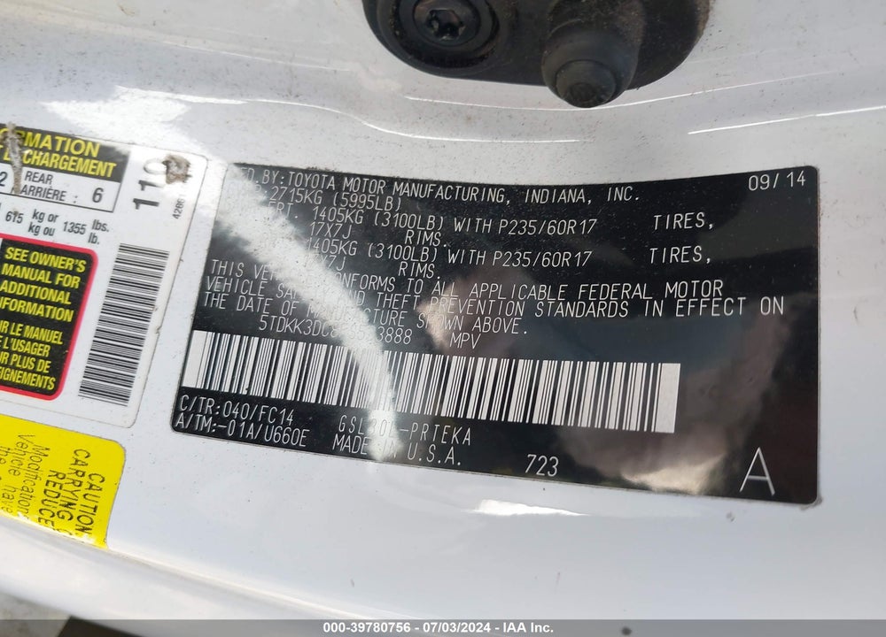 2015 TOYOTA SIENNA LE 8 PASSENGER VIN: 5TDKK3DC8FS533888