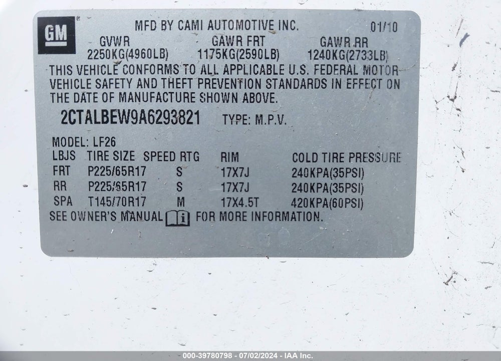 2010 GMC TERRAIN SLE-1 VIN: 2CTALBEW9A6293821