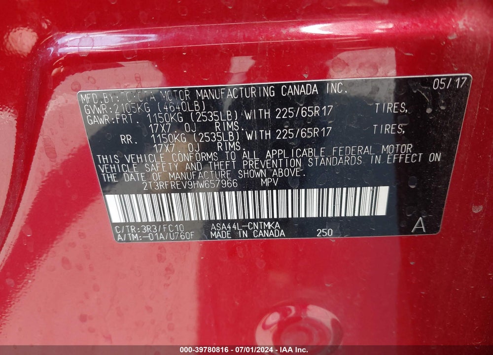 2017 TOYOTA RAV4 XLE VIN: 2T3RFREV9HW657966