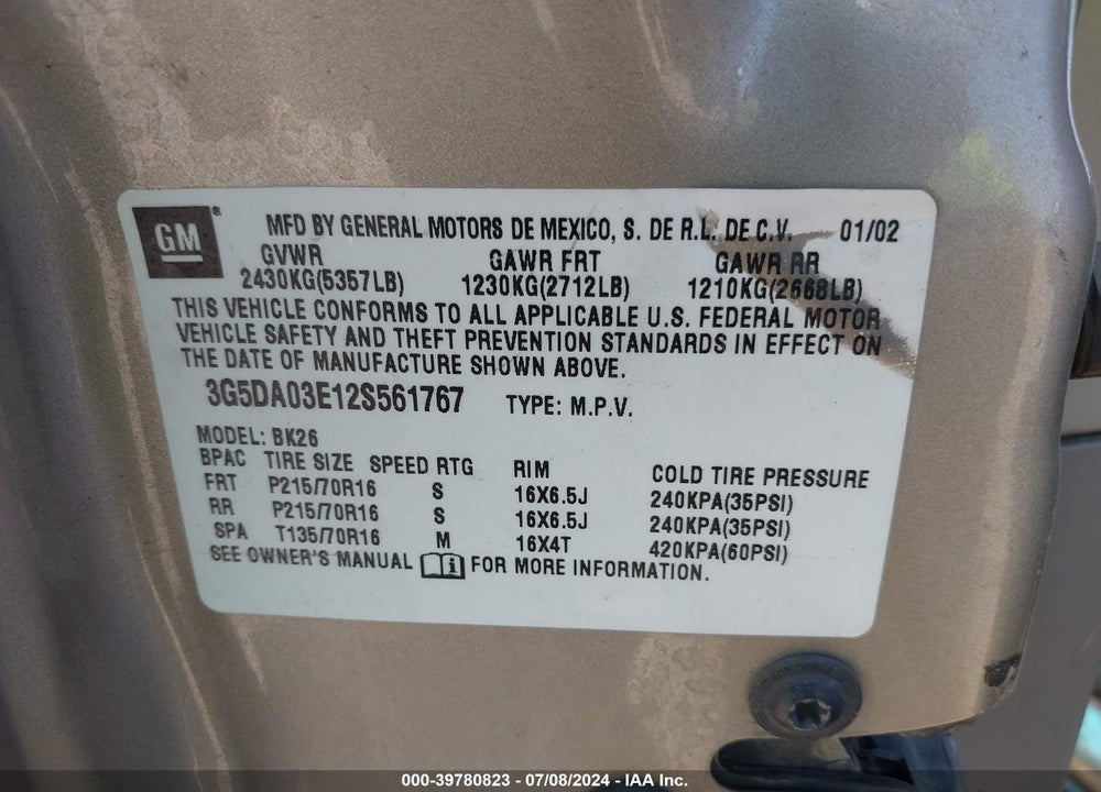 2002 BUICK RENDEZVOUS CX VIN: 3G5DA03E12S561767