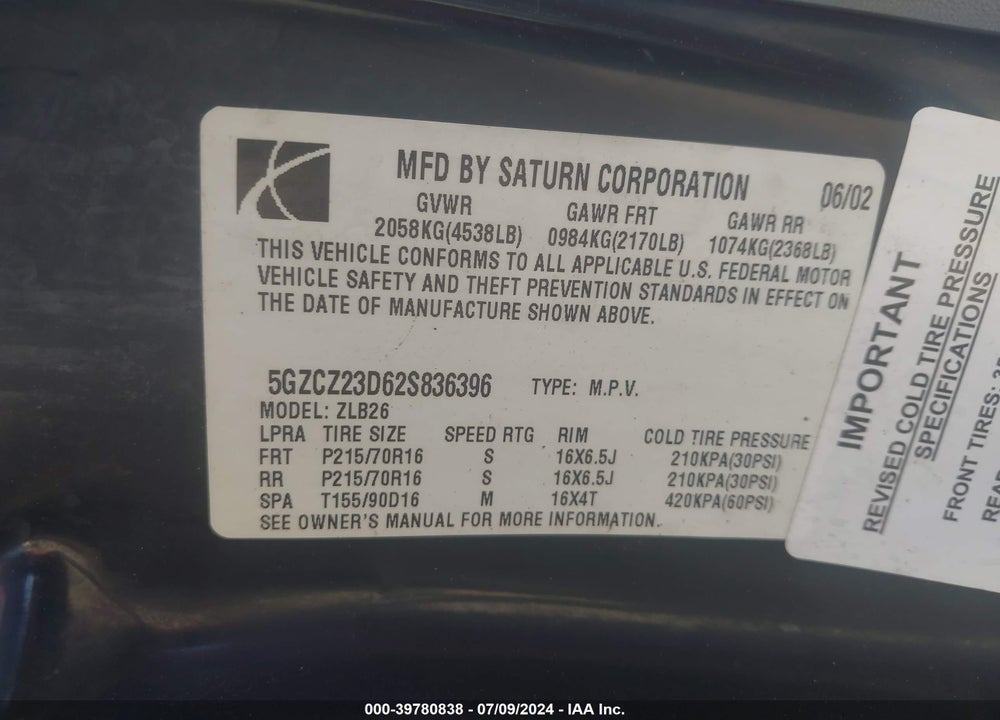 2002 SATURN VUE VIN: 5GZCZ23D62S836396