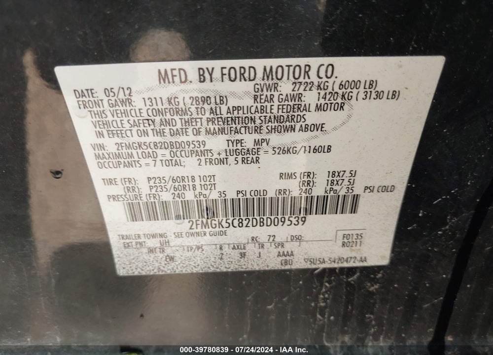 2013 FORD FLEX VIN: 2FMGK5C82DBD09539