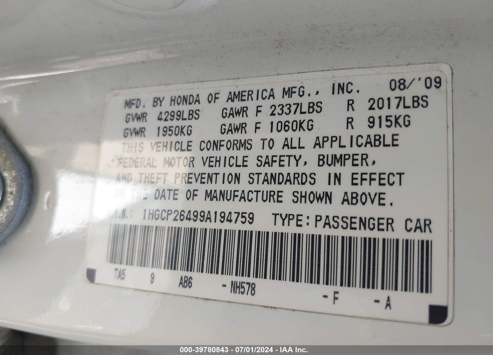 2009 HONDA ACCORD 2.4 LX-P VIN: 1HGCP26499A194759
