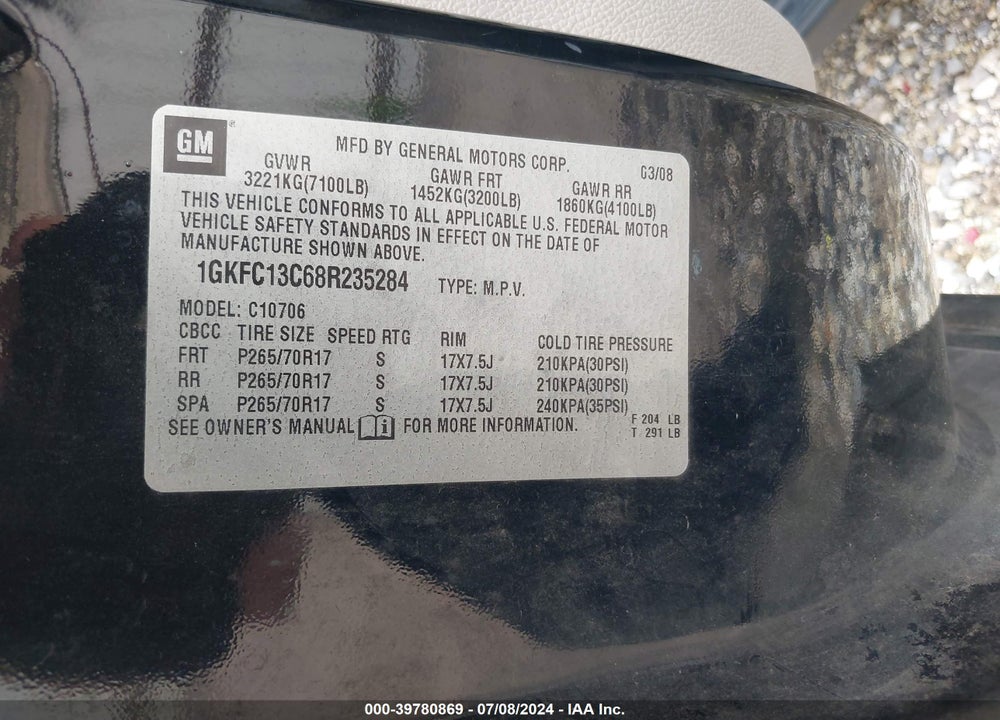 2008 GMC YUKON SLE VIN: 1GKFC13C68R235284