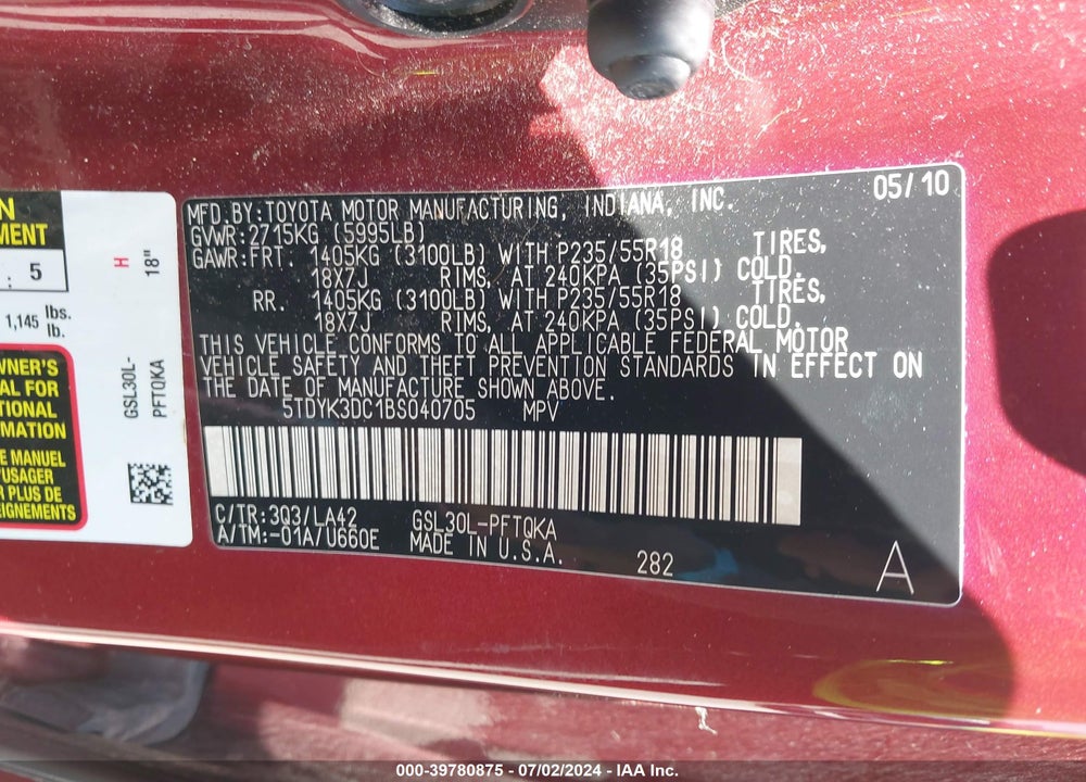 2011 TOYOTA SIENNA LIMITED V6 VIN: 5TDYK3DC1BS040705