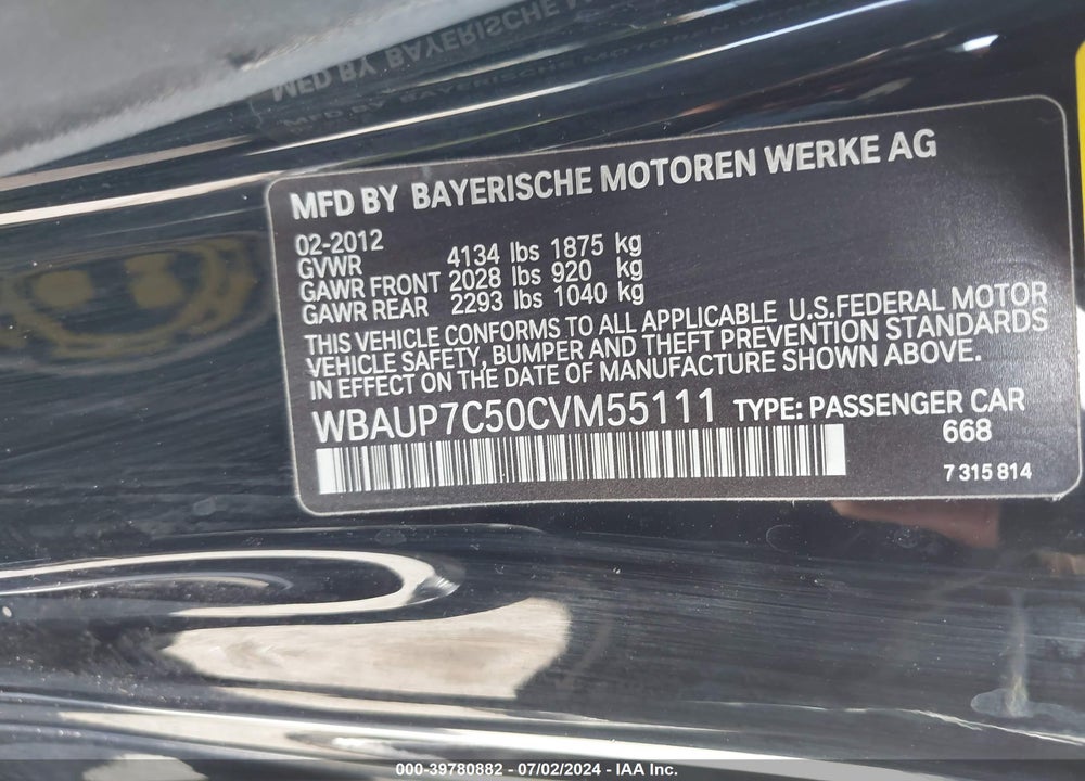 2012 BMW 128I VIN: WBAUP7C50CVM55111