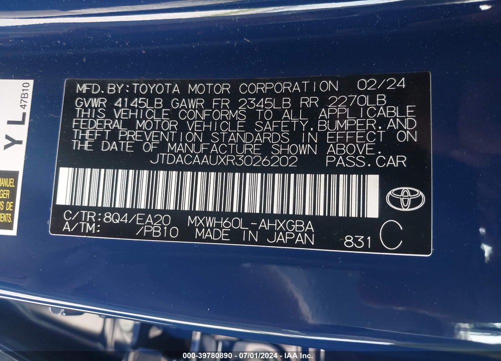 2024 TOYOTA PRIUS XLE VIN: JTDACAAUXR3026202